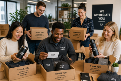 Employee appreciation gifts in 2026 featuring premium branded swag boxes, apparel, and drinkware with employees unboxing gifts in a modern office
