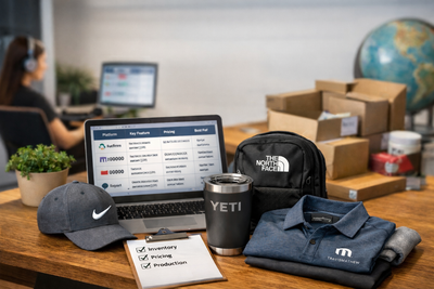 Remote team swag setup with branded merchandise including apparel, drinkware, and shipping boxes representing on-demand swag platforms for hybrid teams