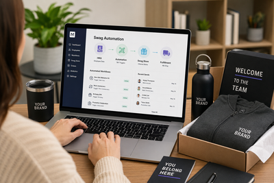 HR professional using a swag automation platform integrated with HRIS software to manage employee onboarding kits, company swag orders, and automated corporate gifting with branded apparel and premium merchandise.