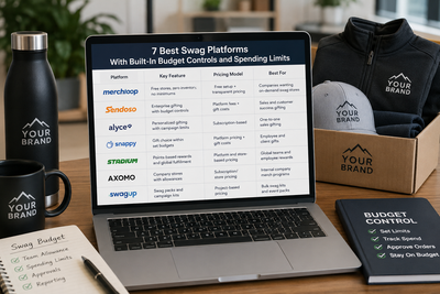 Comparison of the best swag platforms with budget controls and branded company merchandise on a modern office desk.