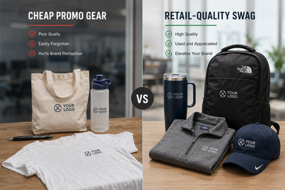 Comparison of cheap promo gear and premium branded swag, showing how retail-quality merchandise improves brand perception.