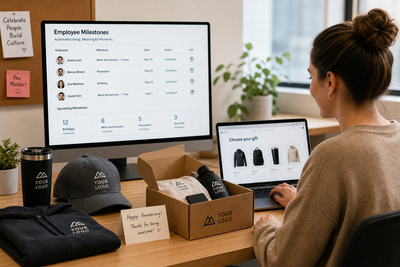 Employee milestone swag automation dashboard showing birthdays, promotions, and anniversaries with on-demand branded gifts like hoodies, hats, and tumblers in a modern office setting