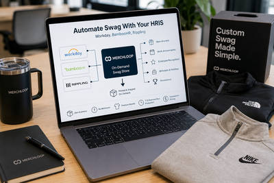 HR manager using Workday, BambooHR, and Rippling to automate employee swag orders through Merchloop’s on-demand company store featuring Nike and The North Face branded apparel with zero inventory fulfillment.