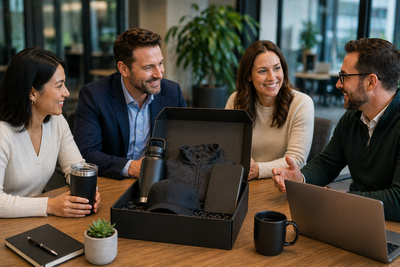 Clients receiving premium branded swag gifts including apparel, drinkware, and accessories in a modern office setting to strengthen business relationships in 2026