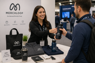 Person receiving premium corporate swag at a trade show booth, featuring branded drinkware, apparel, tote bags, and tech accessories displayed on a table