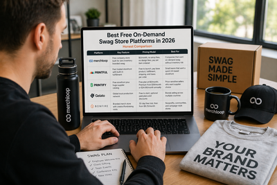 Person reviewing best free on-demand swag store platforms in 2026 on a laptop with branded merchandise like custom apparel, mug, and water bottle on desk