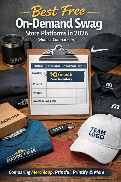 Best free on-demand swag store platforms in 2026 comparison featuring Merchloop, Printful, and Printify with zero inventory branded merchandise like custom hats, shirts, and drinkware