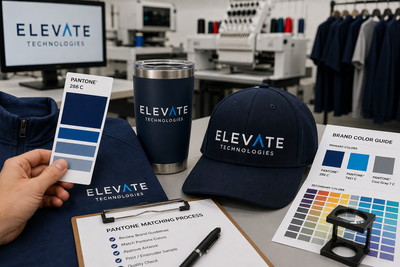 Pantone color matching process for branded swag showing embroidered apparel, custom drinkware, and premium company merchandise in a professional in-house production studio with brand color guides and on-demand swag samples.
