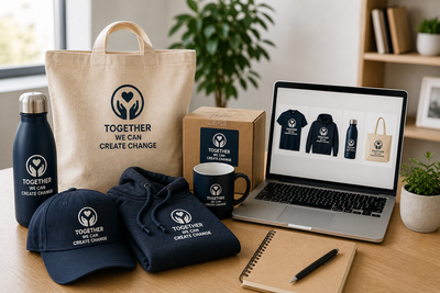 Branded nonprofit merchandise including tote bag, hoodie, water bottle, and hat displayed in a clean workspace, representing on-demand swag platforms with no inventory and no minimums