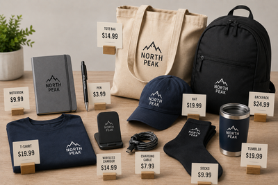 Flat lay of premium branded merch items under $25 including custom hats, tumblers, tote bags, notebooks, socks, tech accessories, and T-shirts for company swag stores and on-demand branded merchandise in 2026