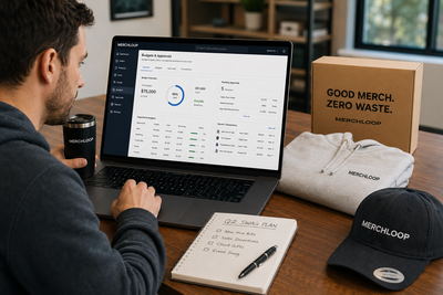 Man reviewing enterprise swag budgets and approval workflows with branded Merchloop merchandise on desk.