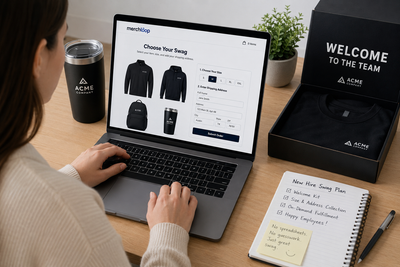 Employee using an online company swag store to select apparel sizes and enter a shipping address without spreadsheets using Merchloop’s on-demand employee gifting platform.