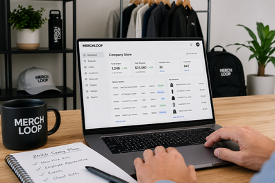 HR manager using a company store admin dashboard to manage on-demand swag, track orders, and oversee branded merchandise with zero inventory and no minimums