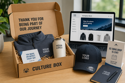 Employee culture box and quarterly swag drop program featuring branded apparel, drinkware, notebook, and premium corporate gifts displayed beside an online company swag store platform for recurring employee engagement and on-demand branded merchandise.