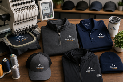 Commercial embroidery machine stitching custom branded company apparel including embroidered polos, quarter-zips, jackets, hats, and beanies for an on-demand company swag store with no minimum order quantities in 2026