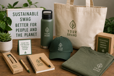 Eco-friendly sustainable swag items for conscious companies including reusable bottles, recycled tote bags, organic apparel, and branded corporate gifts