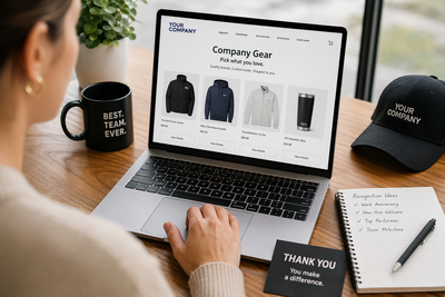 Employee browsing a company swag store online choosing branded gear like jackets, hoodies, and drinkware through a self-service on-demand platform with no inventory or minimum orders