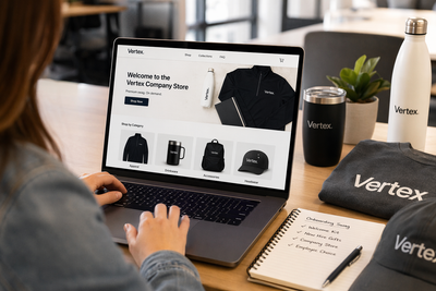 Employee using an online self-service company swag store to order branded apparel and merchandise with on-demand production and zero inventory