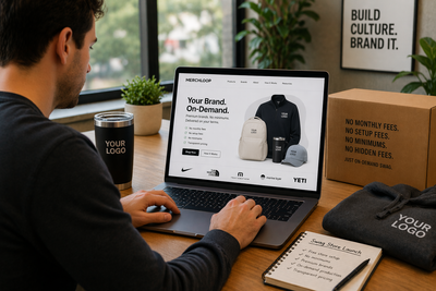 Person using a laptop to manage a free company swag store with on-demand branded merchandise, highlighting transparent pricing, no minimums, and zero inventory model
