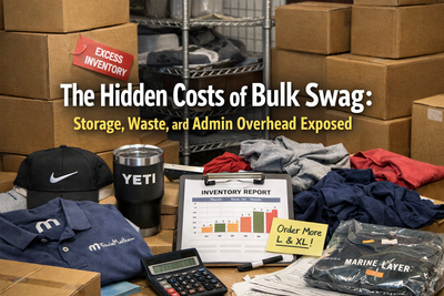 Cluttered office storage with boxes of bulk swag including branded shirts, hats, and drinkware showing excess inventory, waste, and hidden costs of bulk swag programs