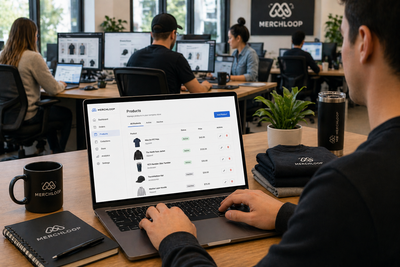 Team managing a company swag store dashboard on laptop, adding and removing products instantly using on-demand, zero inventory platform with premium branded merchandise