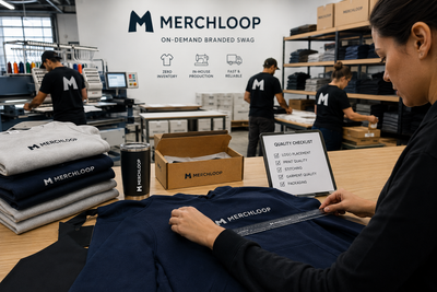 Merchloop in-house production team performing quality control on custom branded apparel and premium swag items in a US-based on-demand printing and embroidery facility