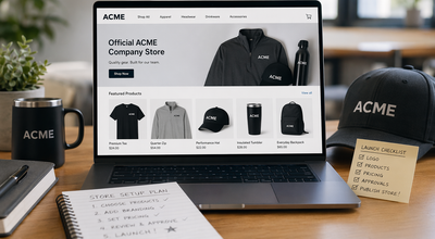 Laptop displaying a free company swag store with branded apparel and accessories, illustrating how to launch an on-demand swag store with zero inventory in under 24 hours