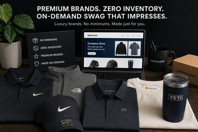 Luxury on-demand swag brands with no minimums, featuring Nike, The North Face, TravisMathew, Marine Layer, and YETI through Merchloop.