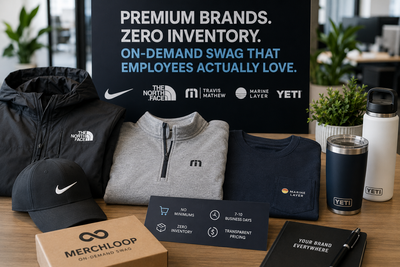 Luxury on-demand swag featuring Nike, The North Face, TravisMathew, Marine Layer, and YETI for premium company stores with no minimums.
