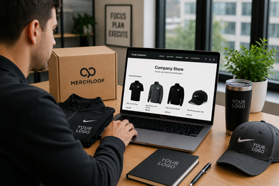 Employee browsing custom Nike branded merch in an online company swag store with no minimum orders, featuring on-demand Nike polos, hats, and apparel through Merchloop’s zero-inventory platform.