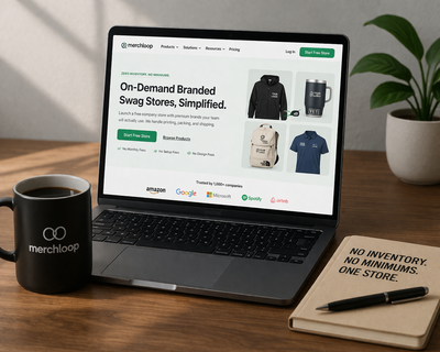 On-demand branded swag store featuring zero inventory and no minimums with custom Nike apparel, YETI drinkware, and company merchandise displayed on a desk
