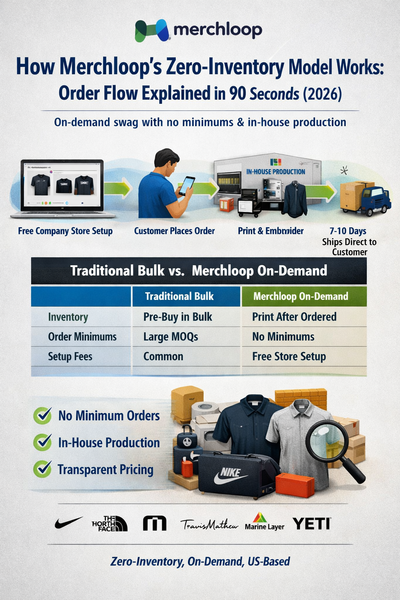 Infographic showing how Merchloop’s zero inventory on-demand swag model works, from free company store setup to in-house production, no minimum orders, and direct shipping within 7–10 days.