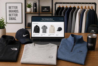 Premium branded apparel for company stores featuring Nike, The North Face, TravisMathew, and Marine Layer items with an on-demand zero inventory swag platform