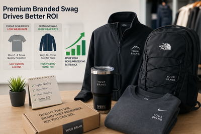 Premium branded swag showcasing high-quality corporate merchandise with better wear rates and ROI than cheap giveaways.