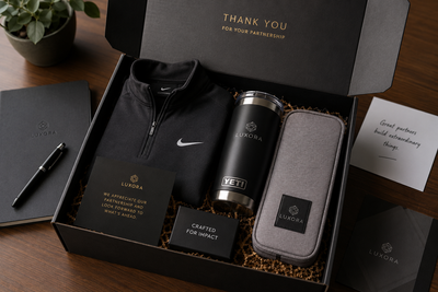 Premium executive corporate gift box featuring Nike apparel, YETI tumbler, luxury accessories, and branded packaging for VIP client gifting and executive swag collections.