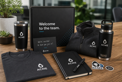 Premium employee onboarding swag kit for 2026 featuring branded Nike apparel, YETI tumbler, notebook, welcome card, and custom company merch box from an on-demand swag platform with no minimum order quantities