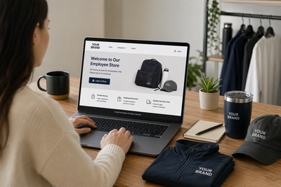 Private employee swag store with login-only access displayed on a laptop, showing a secure company merch shop where employees can order branded apparel and products on demand without inventory