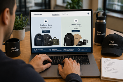 Person typing on laptop showing internal employee store and public merch shop on one platform with on-demand swag, zero inventory, and no minimums