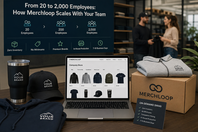 Merchloop on-demand swag platform showing how companies scale branded merchandise programs from 20 to 2,000 employees with zero inventory, no minimums, premium branded apparel, in-house production, and a free company store