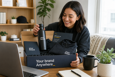 Remote employee opening a premium branded swag box in a home office with on-demand company merchandise and hybrid team gear