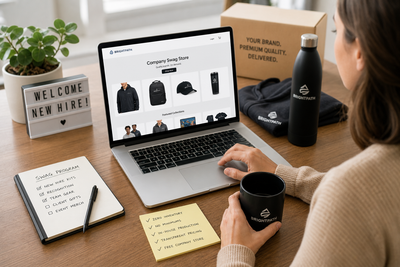 HR manager using a laptop to manage an on-demand company swag store with zero inventory, no minimums, and premium branded merchandise for employees