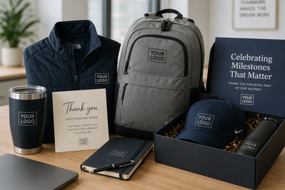 Branded work anniversary swag including custom jacket, backpack, YETI-style tumbler, gift box, and thank-you card for employee milestone recognition