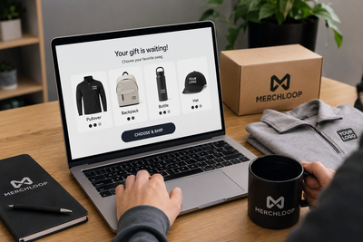 Remote employee redeeming branded swag through a digital gift link on an on-demand swag platform.