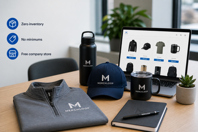 Modern workspace featuring branded company swag including apparel, drinkware, and accessories alongside a laptop showing an online swag store, representing on-demand swag platforms for high-growth tech companies scaling in 2026
