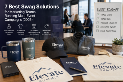 Marketing team planning multi-event campaigns with branded swag including custom apparel, drinkware, and tote bags, highlighting on-demand swag, zero inventory, and no minimums for event marketing in 2026