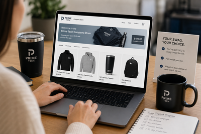 Employee browsing a company swag store using a laptop with $100 swag stipend credit, selecting branded merch like jackets, hoodies, and tumblers in an on-demand zero inventory system