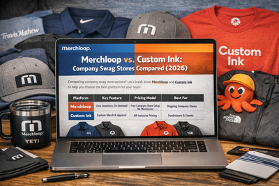 Merchloop vs Custom Ink company swag stores comparison shown on laptop with branded apparel including Nike, TravisMathew, and YETI highlighting no minimums, on-demand swag, and transparent pricing