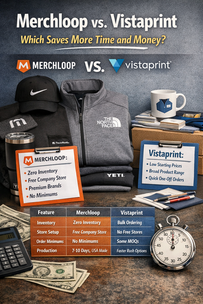 Comparison of Merchloop vs Vistaprint branded merchandise showing zero inventory, no minimums, free company store, pricing, and turnaround time differences for 2026
