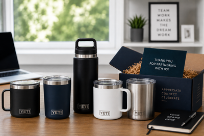 Premium YETI corporate gift drinkware including branded tumblers, mugs, and insulated water bottles displayed in a modern office setting for employee and client gifting in 2026